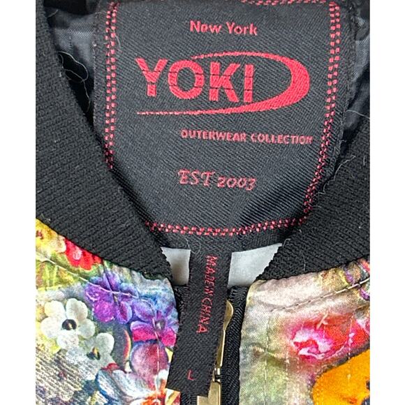 Yoki Women’s Large Yellow Floral Satin Bomber Jacket Zip Up Lightweight Colorful - Picture 5 of 7